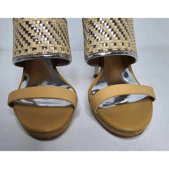 Coach Steffi Woven Slingback Stiletto Heels Silver Metallic Tan Leather 11 B - Picture 4 of 11